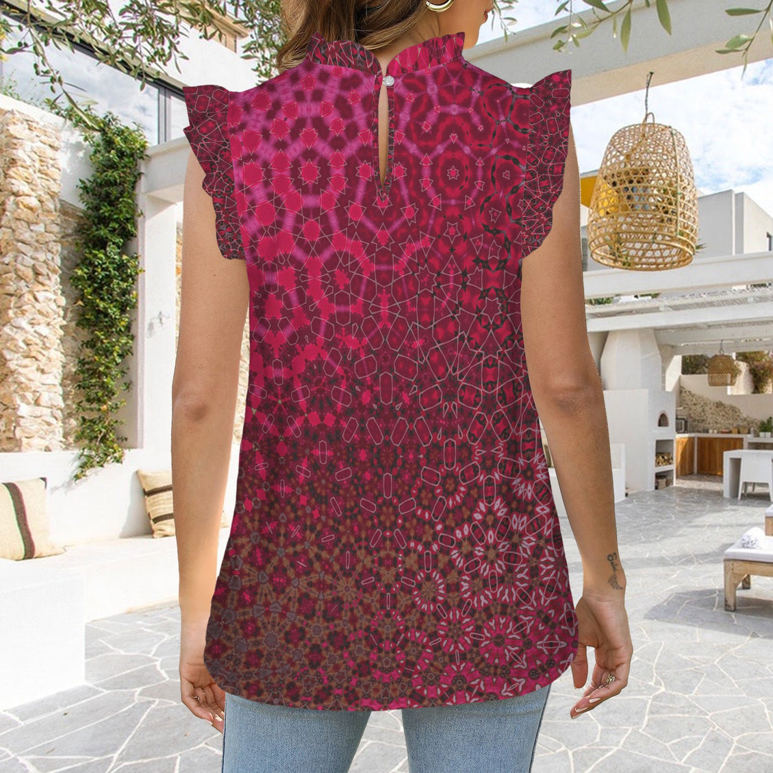 Ruffle Neck Blouse Red Leaves Abstract