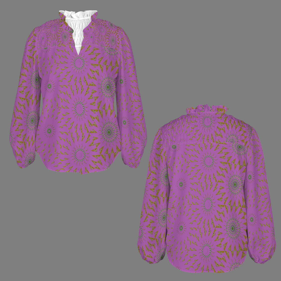 V Neck Long Sleeve Blouse Purple and Gold