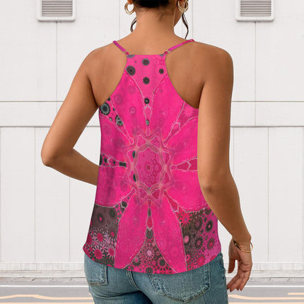 V Neck Cami Red Leaves Watercolor Fuchsia