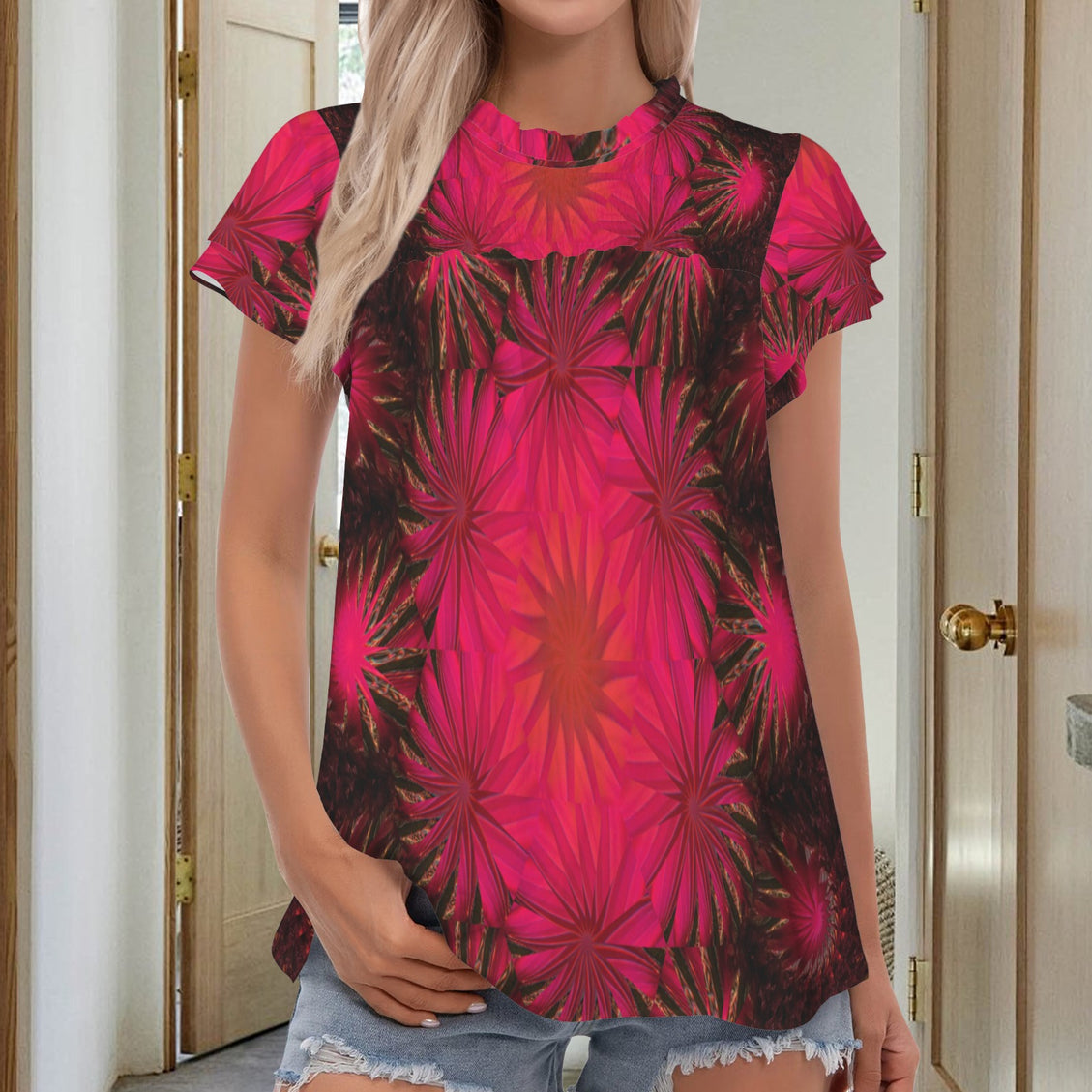 Round Neck Ruffle Sleeve Blouse Fucshia and Black