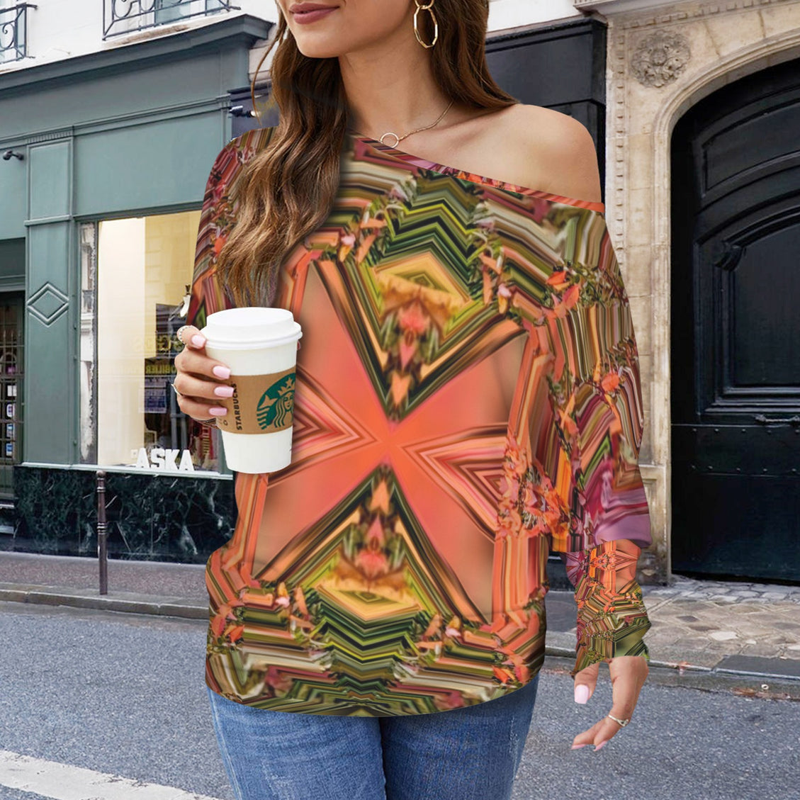 Batwing Long Sleeve Top Fall Leaves Geometric