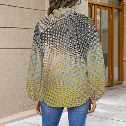 V Neck Pleated Long Sleeve Blouse Shattered Windshield Gold Green Gray Ombre