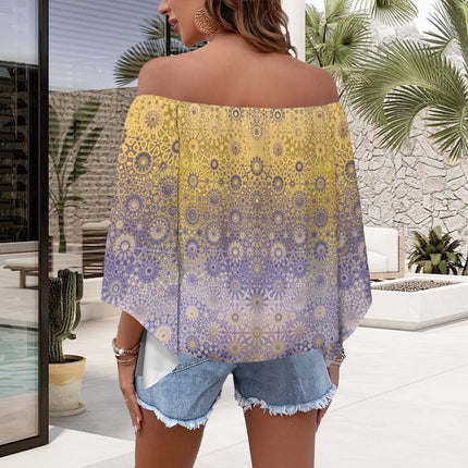 Off Shoulder Trumpet Sleeve Blouse Lavendar and Gold Ombre