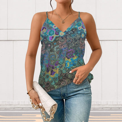 V Neck Cami Peacock Feathers Abstract Turquoise