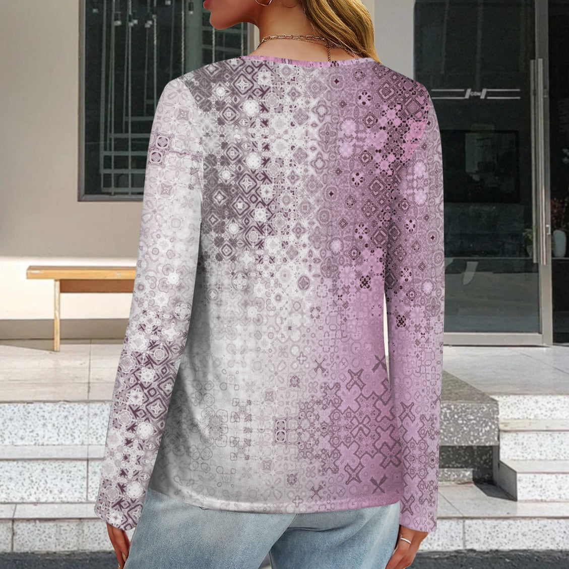 V Neck Long Sleeve Sweater Pink Glass Ombre