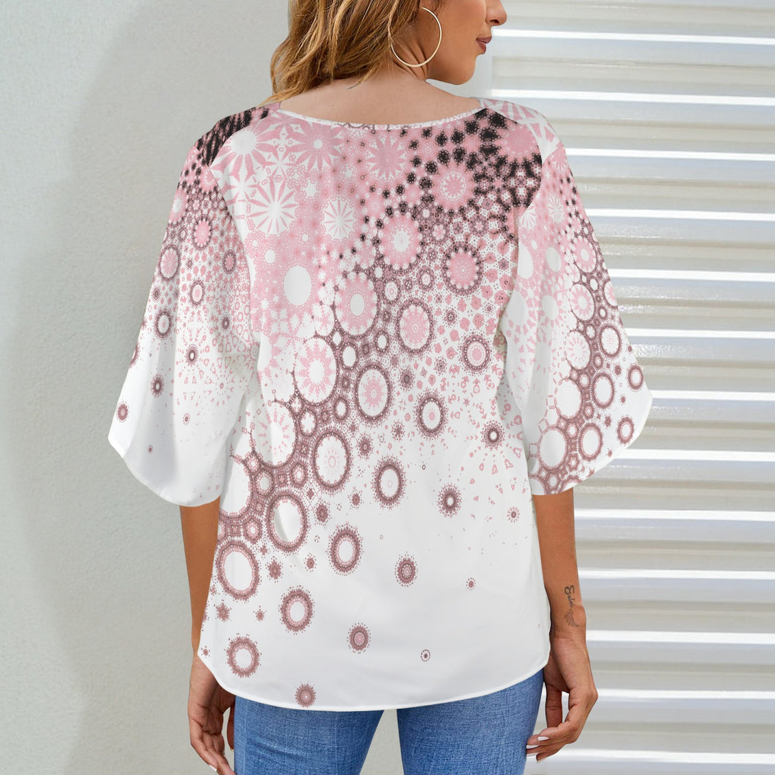 Draped Neck Blouse Burgundy Pink Sunflower Graphic