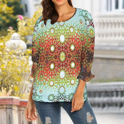 Crew Neck Pleated Sleeve T-Shirt Buffalo Berries Multi