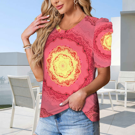 Puff Sleeve T-Shirt Pink and Yellow Medallion