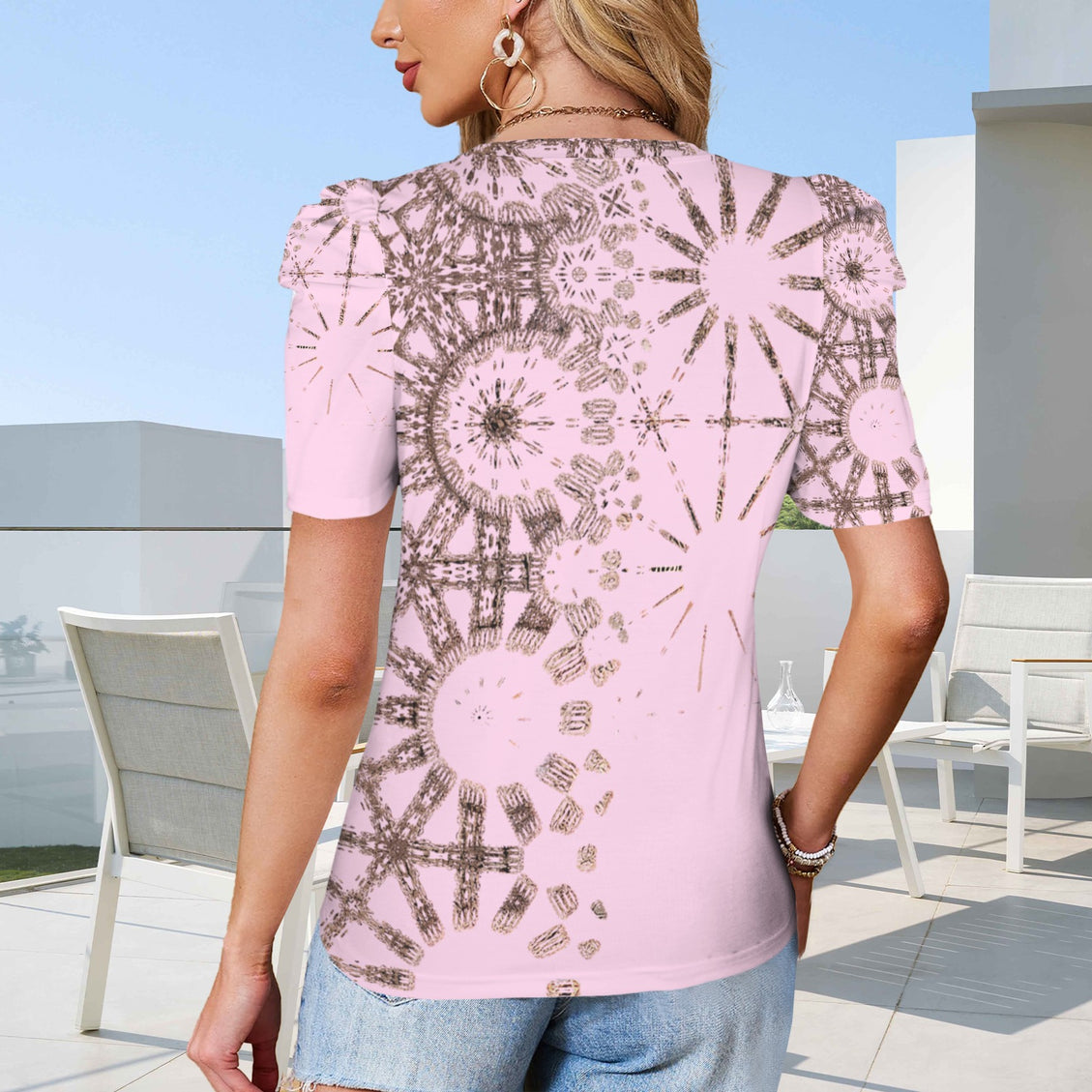 Puff Sleeve T-Shirt Pink and Copper Metallic Graphic