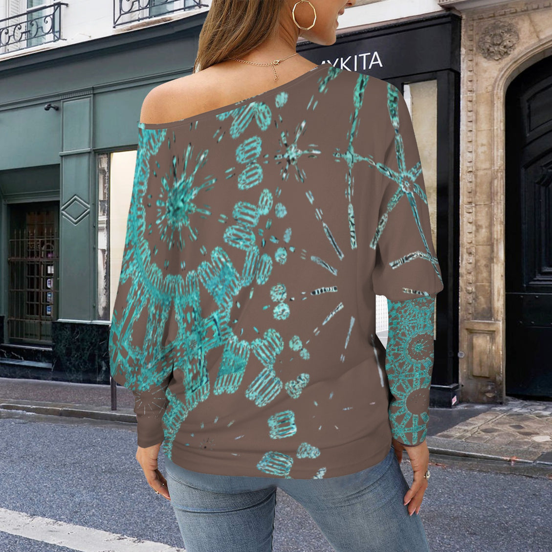 Batwing Long Sleeve Top Chocolate and Turquoise Graphic