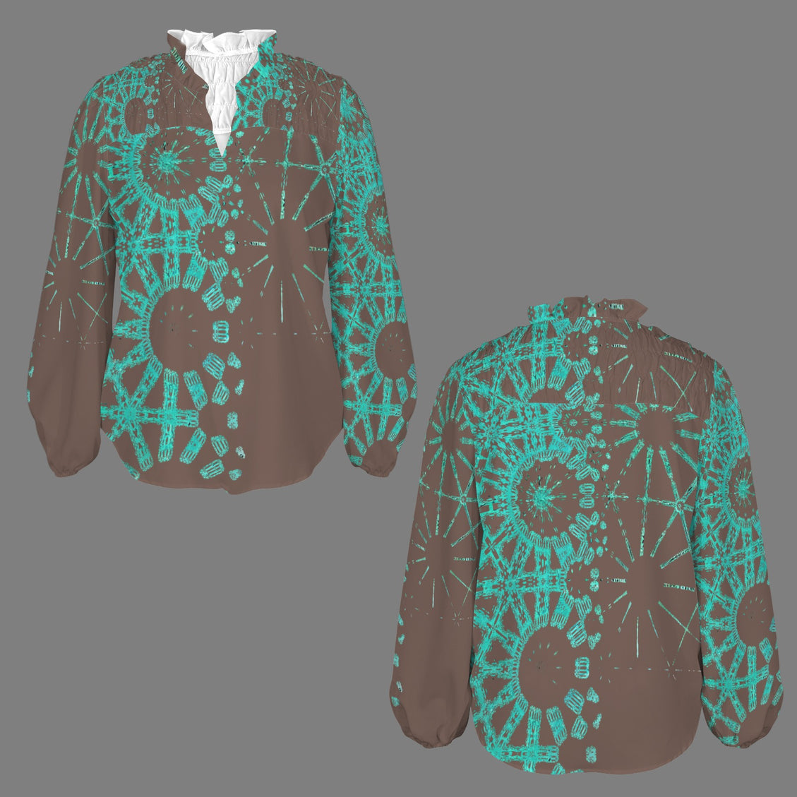 V Neck Long Sleeve Blouse Chocolate and Turquoise Graphic