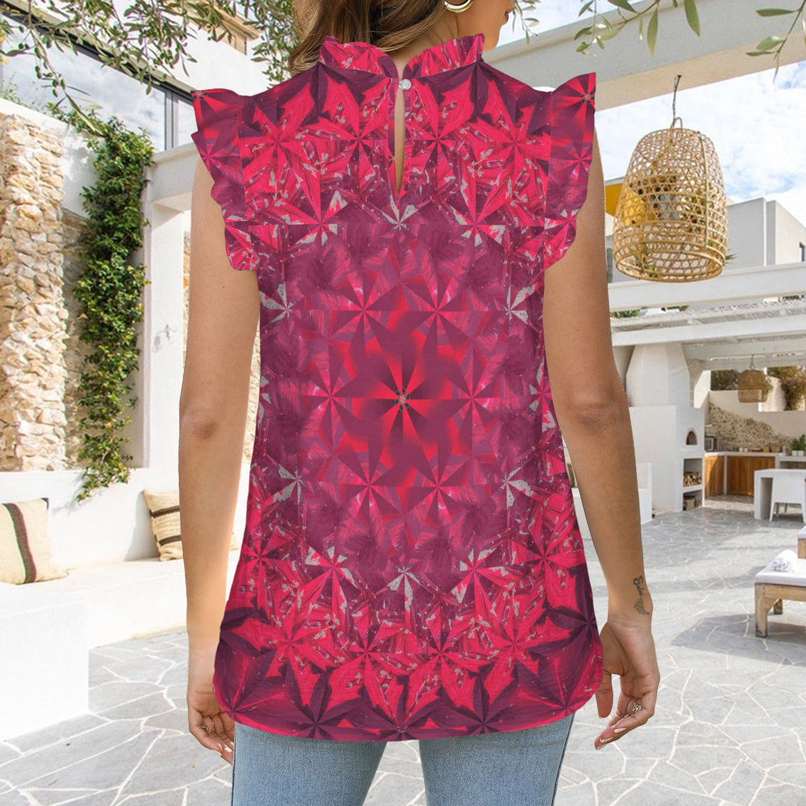 Ruffle Neck Blouse Red Hollyhocks