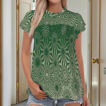 Round Neck Ruffle Sleeve Blouse Dark Green