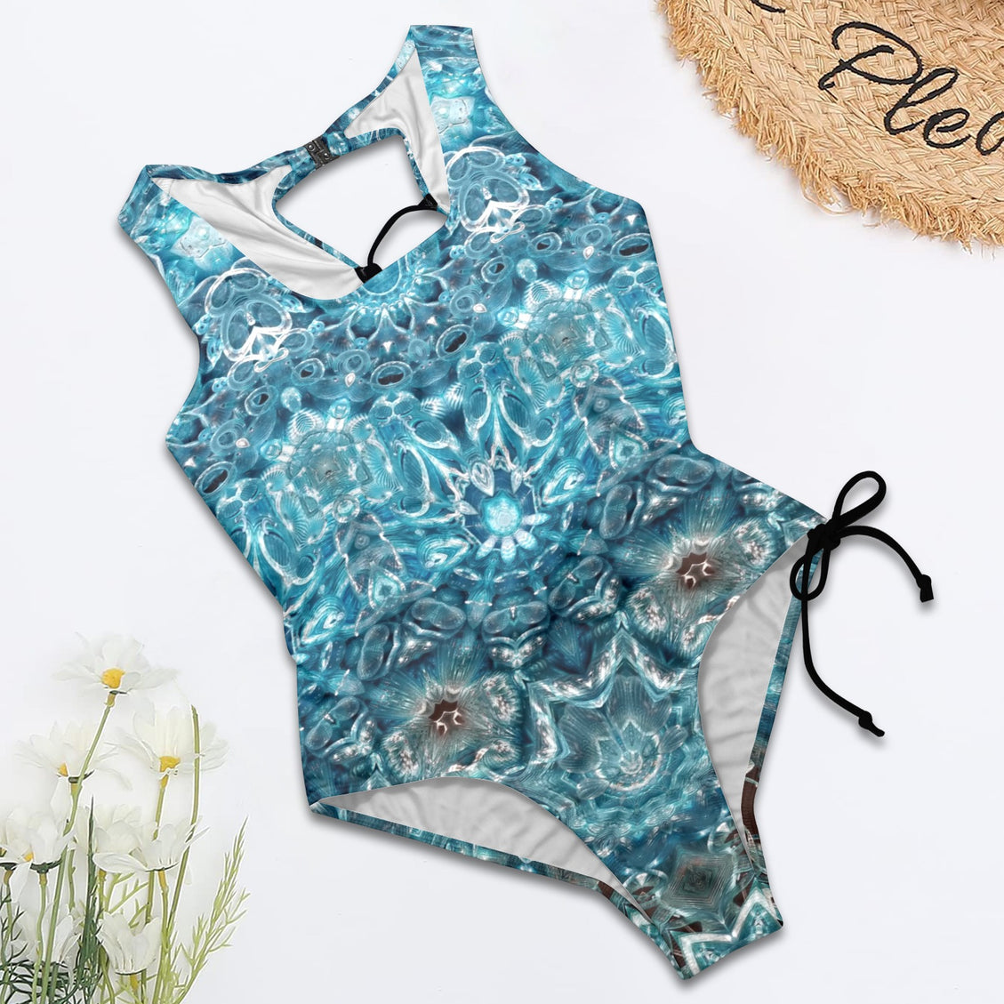 Tie Back Lace Up One Piece Swimsuit Blue Glass