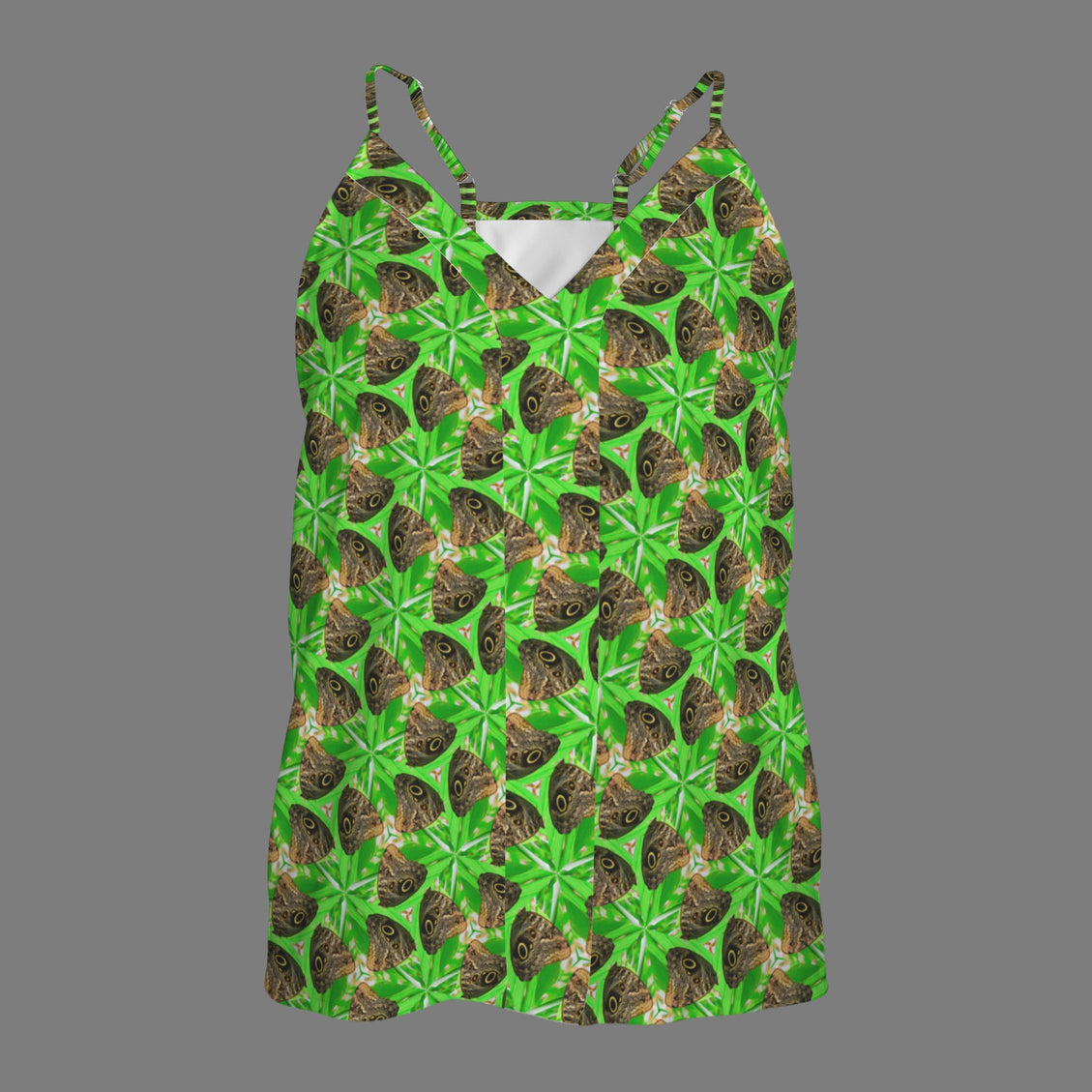 V Neck Cami Brown Butterfly Green Leaves