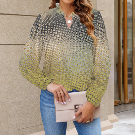 V Neck Pleated Long Sleeve Blouse Shattered Windshield Gold Green Gray Ombre