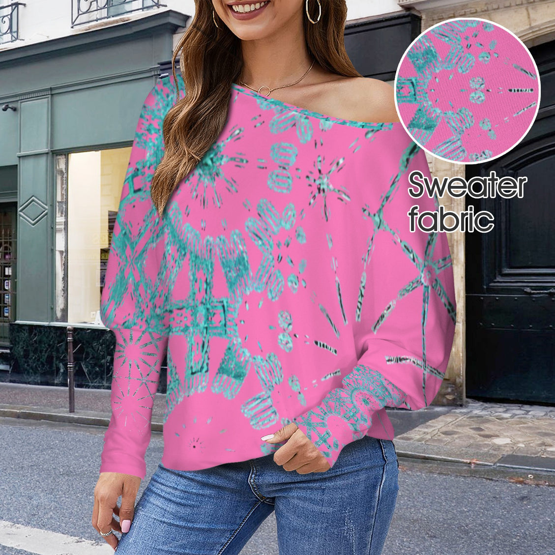 Batwing Long Sleeve Top Pink and Turquoise Graphic