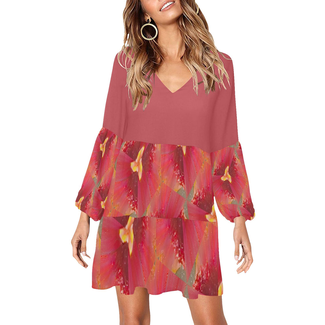 V Neck Flowy Dress Indian Blanket Flower Geometric Coral and PInk