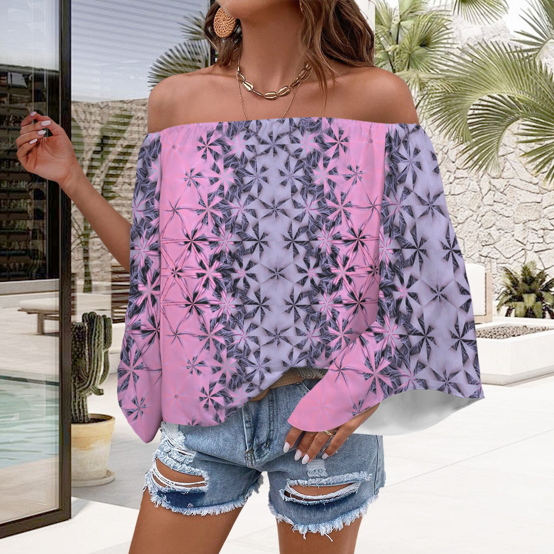 Off Shoulder Trumpet Sleeve Blouse Summerville Sunset Pink Lavendar