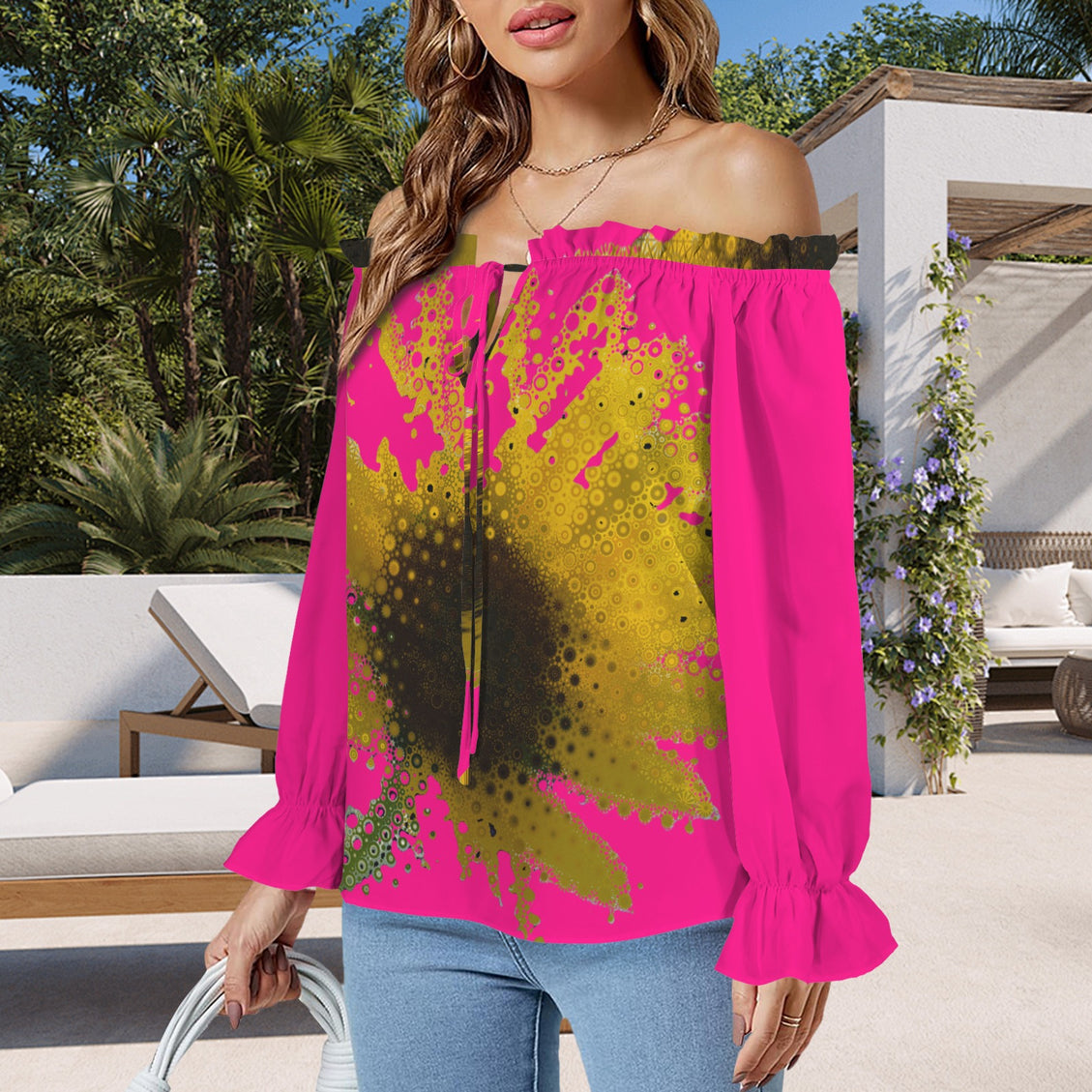 Off Shoulder Lantern Sleeve Blouse Sunflower Hot Pink