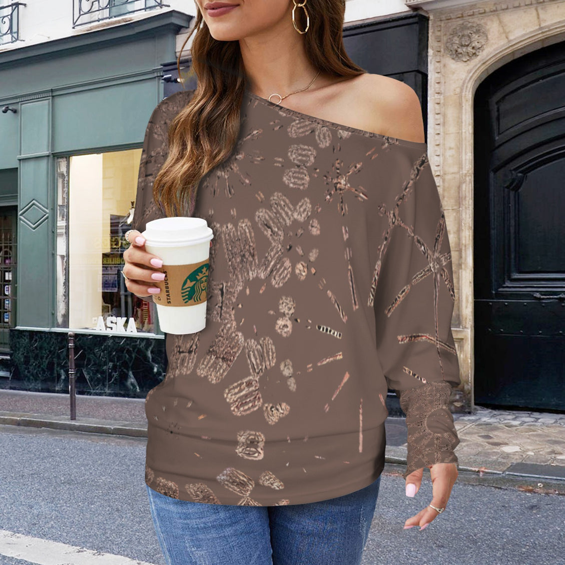 Batwing Long Sleeve Top Coffee and Copper Graphic