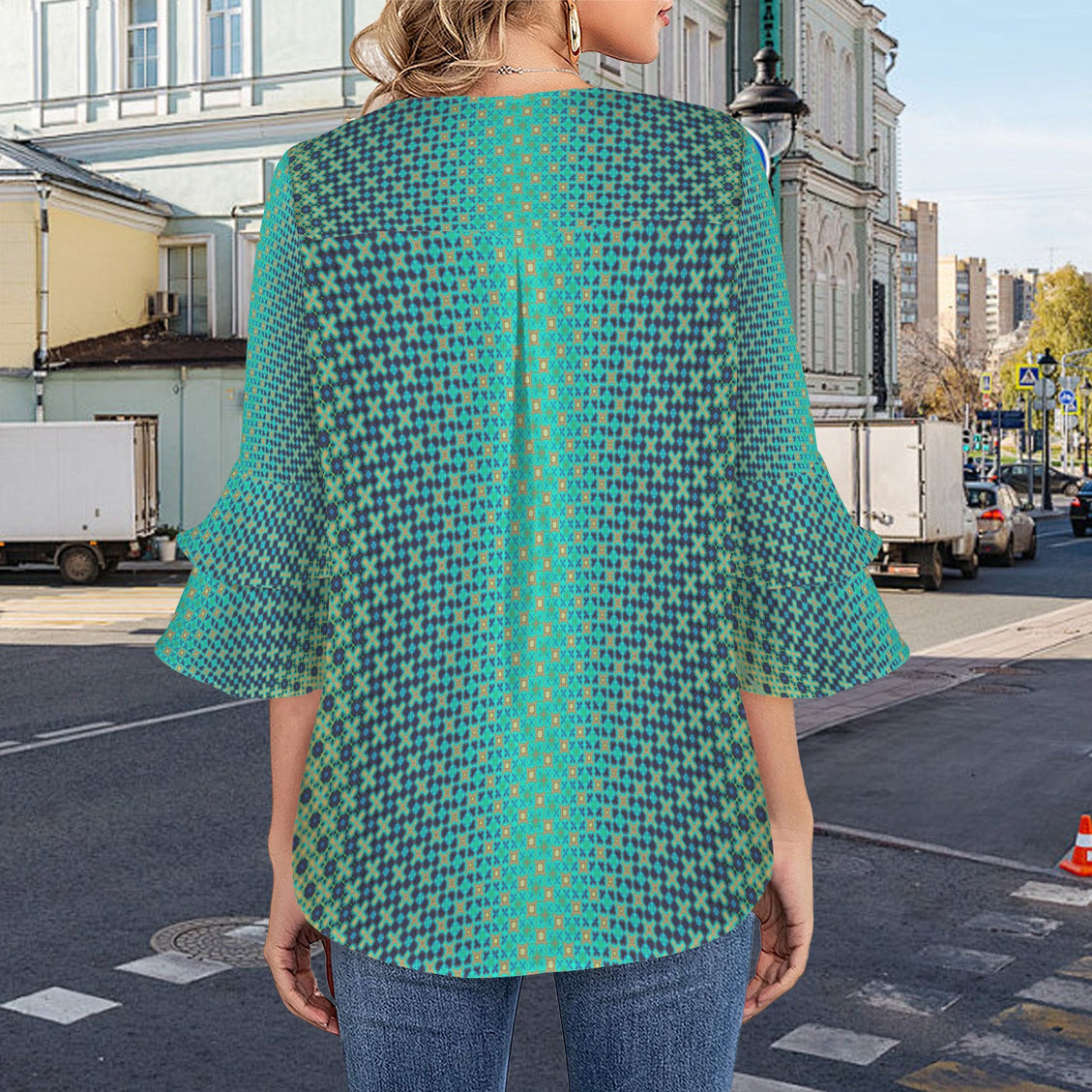 Layered Flare Sleeve Blouse Peacock Turquoise Ombre