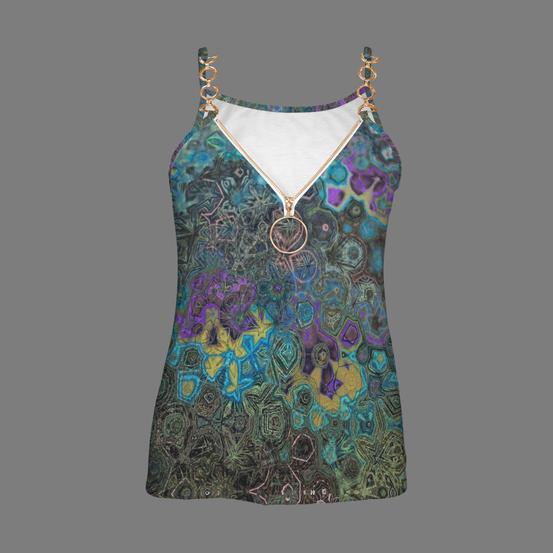 V Neck Chain Cami Peacock Abstract