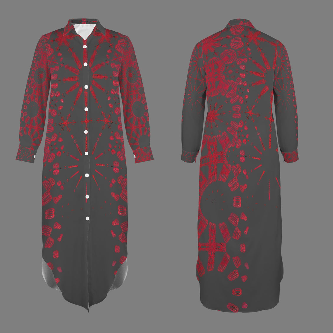 Long Sleeve Shirt Dress Charcoal and Red Graphic