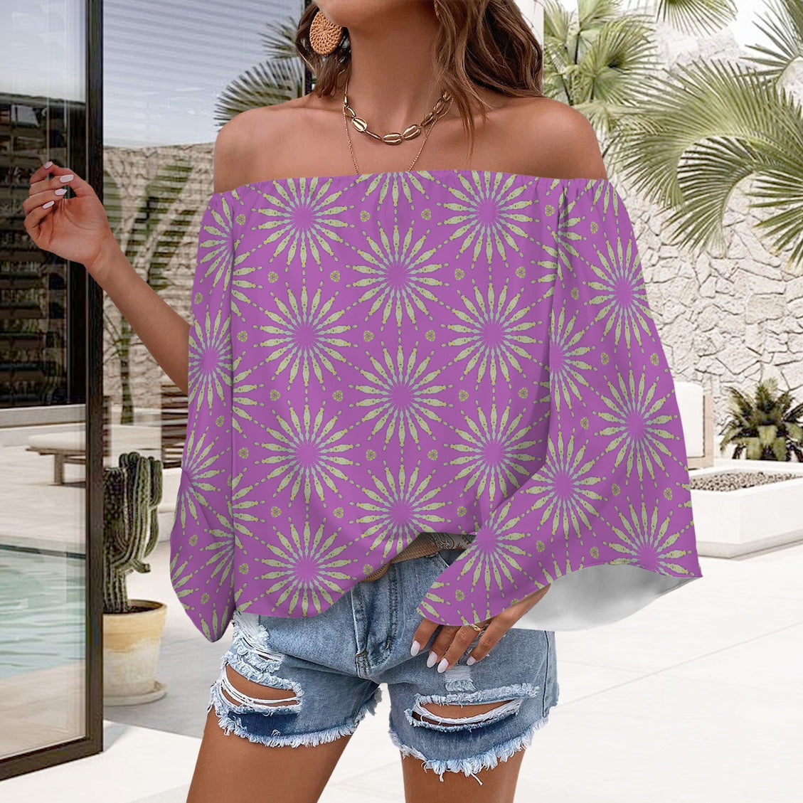 Trumpet Off Shoulder Blouse Fuchsia Sunflower Starburst