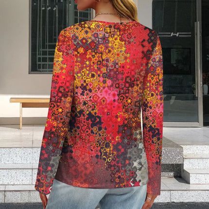 V Neck Long Sleeve Sweater Red Multi Mosaic