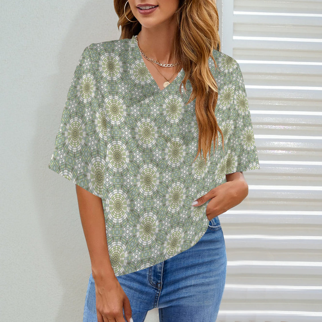 Draped Neck Blouse Carnival Tile Green and Yellow