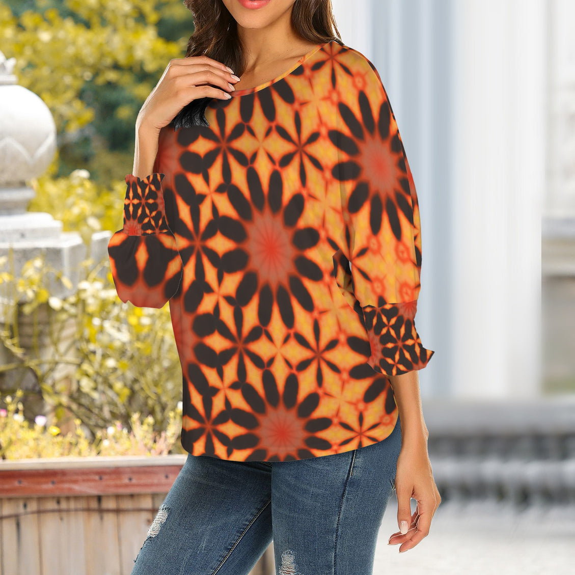 Crew Neck Pleated Sleeve T-Shirt Orange Geometric