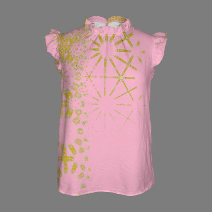 Ruffle Neck Blouse Pink and Gold Graphic