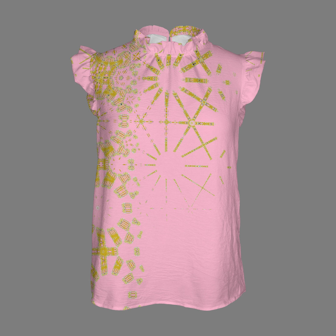 Ruffle Neck Blouse Pink and Gold Graphic