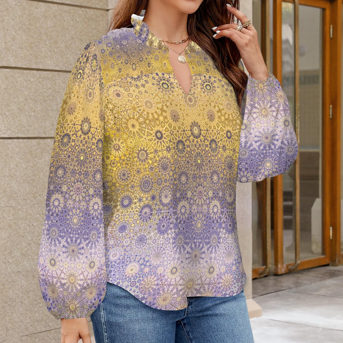 V Neck Pleated Long Sleeve Gold and Lavendar Ombre