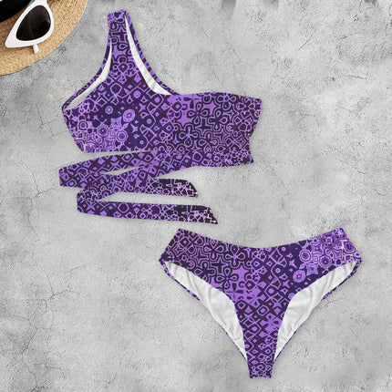 One Shoulder Asymmetrical Bikini Purple and Black Abstract