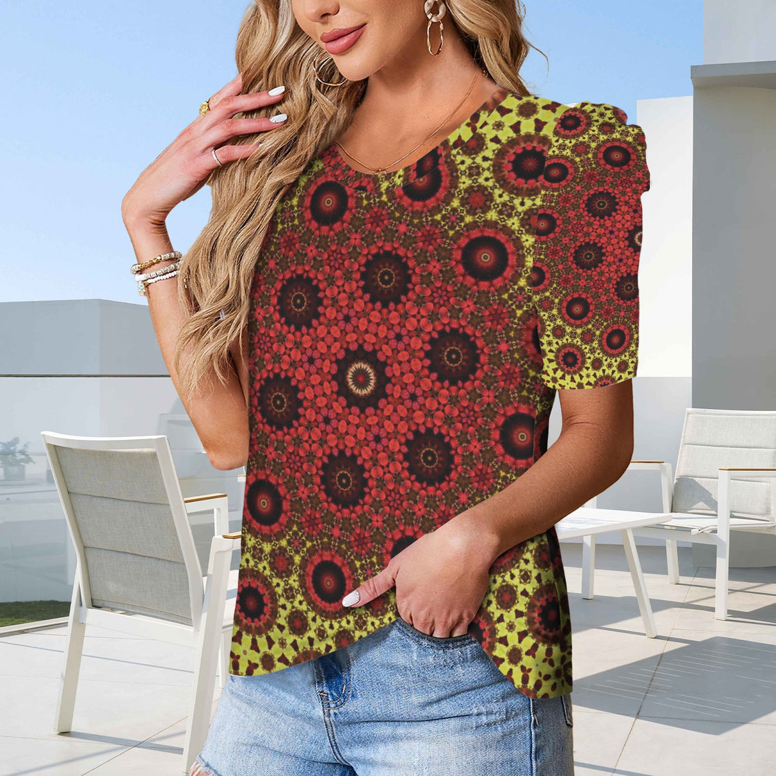 Puff Sleeve T-Shirt Fall Leaves Red Chartreuse