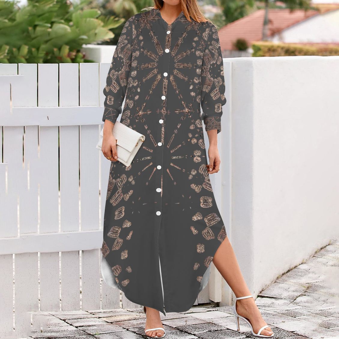 Long Sleeve Shirt Dress Charcoal and Copper Graphic