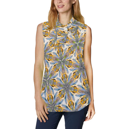 Bow Tie V Neck Sleeveless Blouse Sunflower Lakeside Sunset Geometric