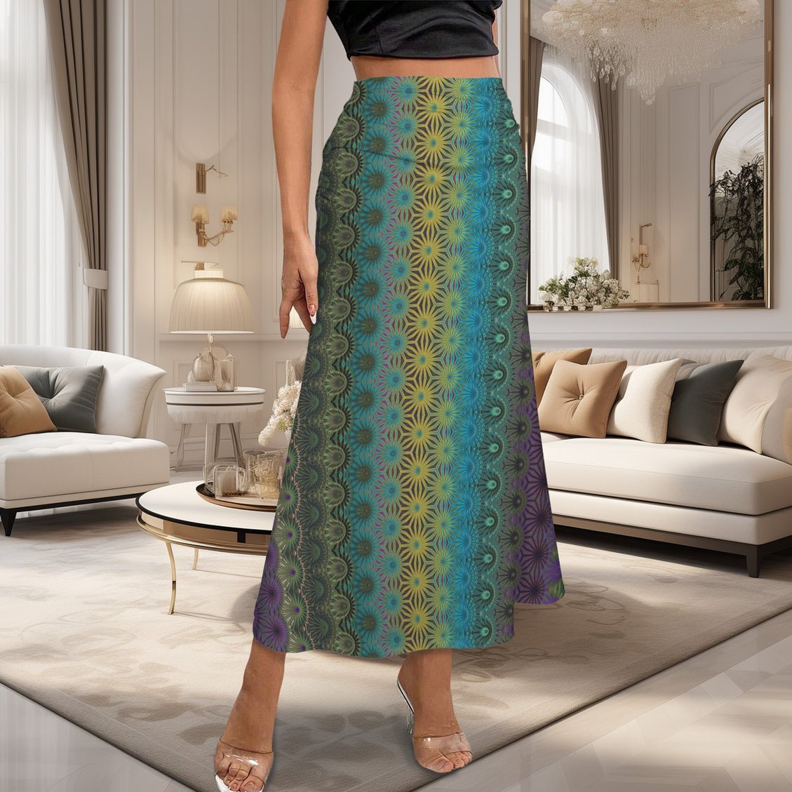 Ruched High Waist Maxi Skirt Peacock Feathers