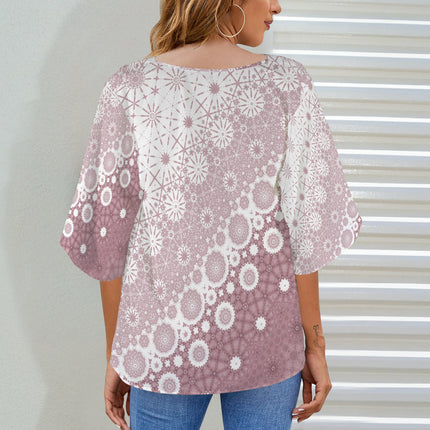 Draped Neck Blouse Burgundy and Pink Sunflower Graphic