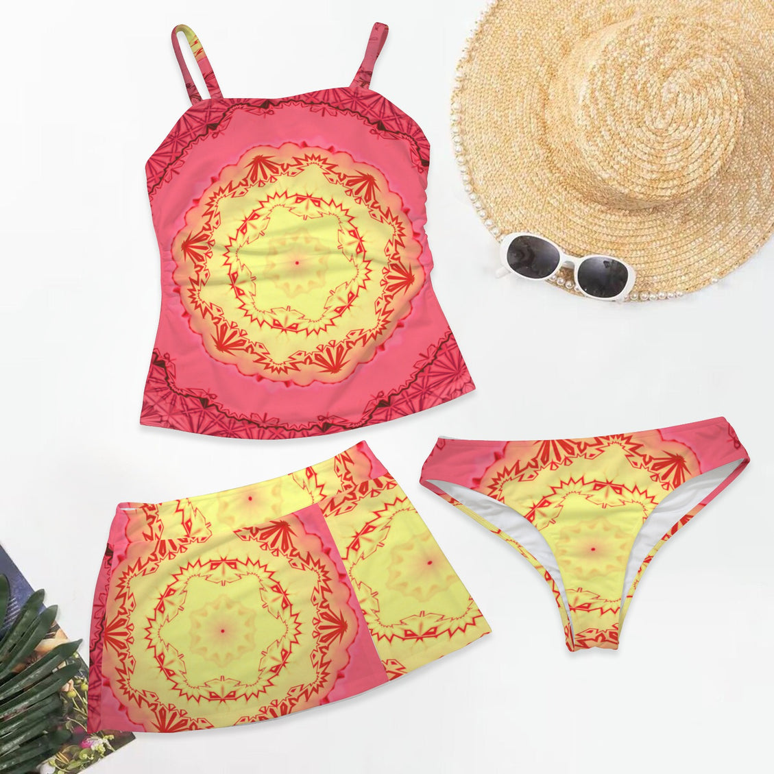 Three Piece Tankini Set Red & Yellow Medallion