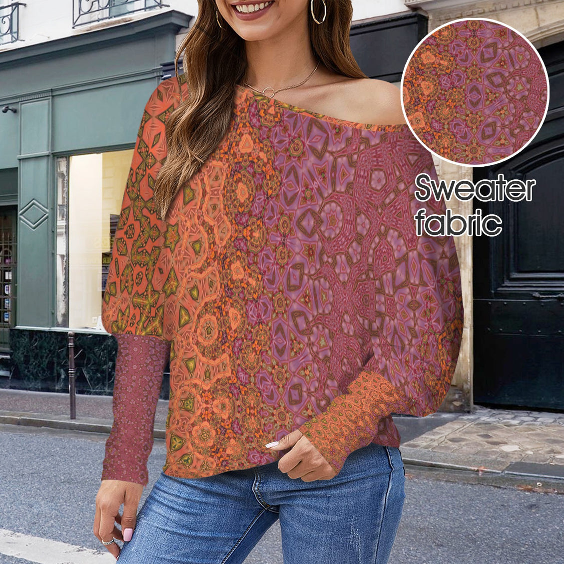 Batwing Long Sleeve Sweater Fall Leaves Ombre Abstract