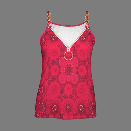 V Neck Chain Cami Red Hollyhocks Graphic