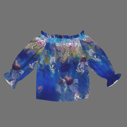 Off Shoulder Lantern Sleeve Blouse Blue Flowers