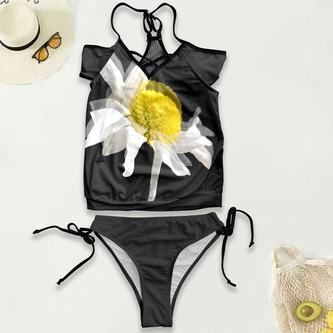 Mesh Back Tankini Daisy Watercolor Black