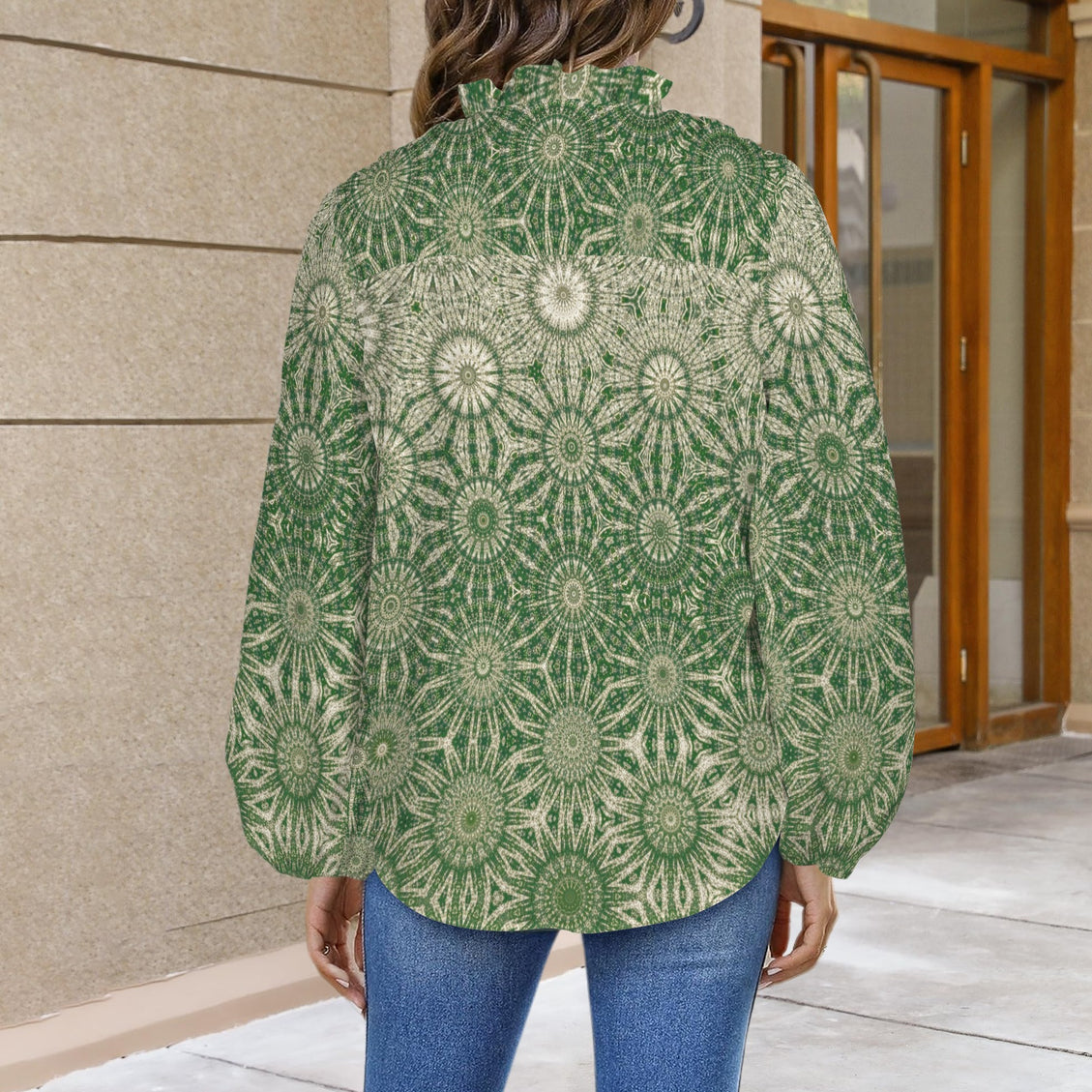 V Neck Long Sleeve Blouse Green Starburst