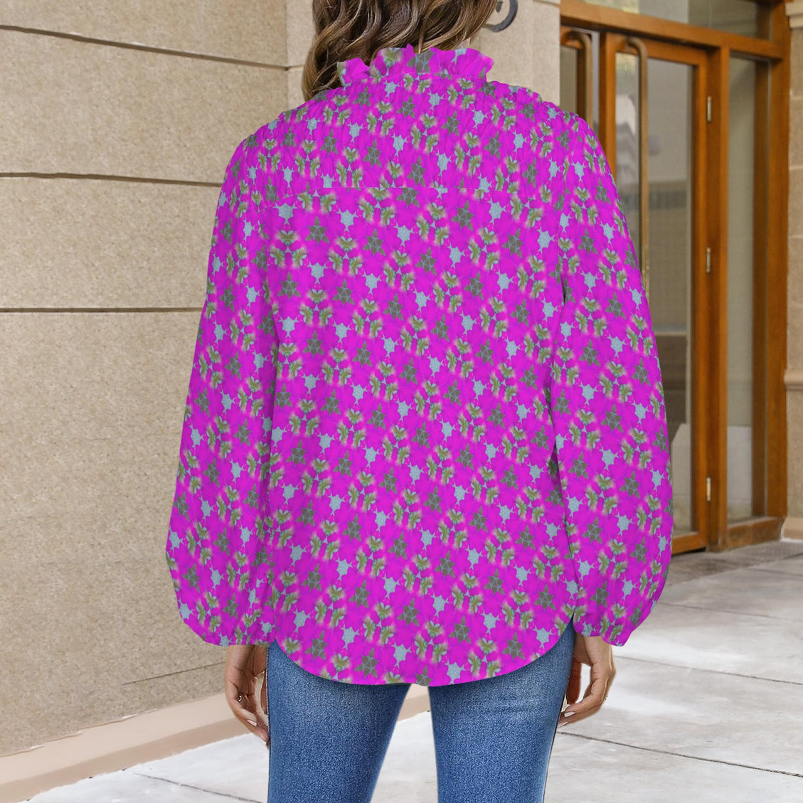 V Neck Pleated Long Sleeve Fuchsia Floral