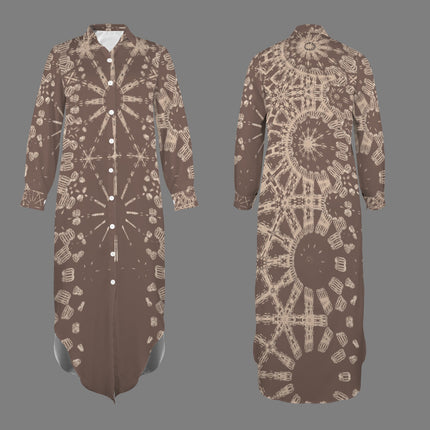 Long Sleeve Shirt Dress Brown Taupe Graphic