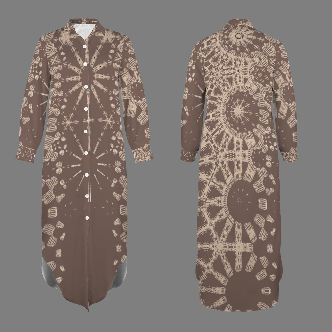 Long Sleeve Shirt Dress Brown Taupe Graphic